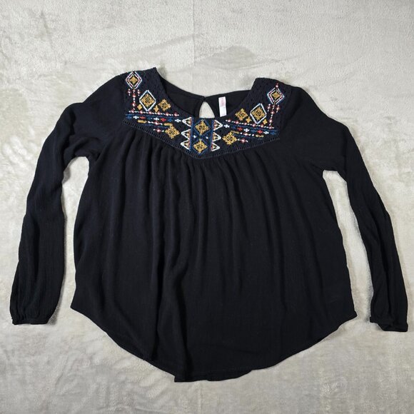 Xhilaration Black Boho Embroidered Yoke Peasant Blouse Long Sleeve L - Picture 2 of 8